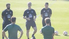Kiko Corredoira, Pablo L�pez y David P�rez en el primer entrenamiento del Racing.