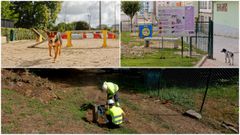 El canil del parque da Milagrosa (a la izquierda), las instalaciones actuales en Paradai (a la derecha) y dos operarios trabajando en la construcci�n del nuevo espacio canino de Fonti�as en el parque dos Paxari�os (abajo).