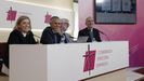 Yago de la Cierva y Fernando Gim�nez Barriocanal, coordinadores de la visita de Le�n XIV a Espa�a; Sara de la Torre, delegada episcopal de Medios del arzobispado de Madrid y Joetxo Vera, director de la Oficina de Informaci�n de la CEE, durante la rueda de prensa para presentar aspectos financieros y organizativos sobre la visita del papa a Espa�a.