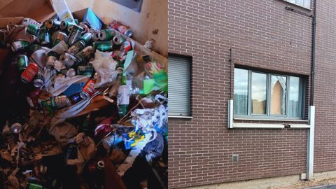 Basura acumulada y cristales rotos en el edificio de Vipasa en Trema�es