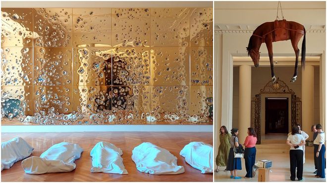 Una impactante instalación que coloca una pared de oro macizo ametrallada frente a una serie de cadáveres cubiertos despide la exposición. A la derecha, «Novecento», con el caballo que cuelga del techo de la sala.