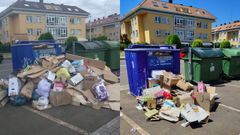 Monta�a de cajas acumuladas junto al contenedor azul de la urbanizaci�n Campos de Mirabel, en Teo. El viernes los residuos llegaban pr�cticamente a la altura de la rendija a trav�s de la cual se depositan en el contenedor. Tres d�as despu�s, y tras pasar el cami�n encargado de la recogida, vuelve a haber cart�n fuera