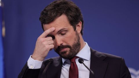 El presidente del PP, Pablo Casado, durante la rueda de prensa que ofreci este jueves en la sede nacional del partido en Madri.