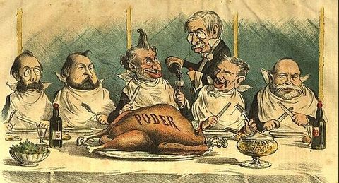 Ilustraci�n de la revista �El Loro� en la que C�novas sirve la cena de Navidad a Sagasta, una imagen en la que se pod�an intercambiar sin problemas los personajes.