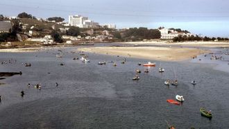 Vista parcial de un d�a de marisqueo, a pie y a flote, en la zona norte de A Pasaxe, en 1983