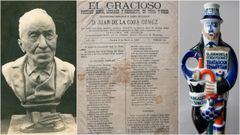 De esquerda a dereita, detalle do busto de Juan de la Coba realizado polo artista Ram&oacute;n Lafuente, exemplar da publicaci&oacute;n &laquo;El Gracioso&raquo; e figura que lle dedicou Sargadelos co seu tratado de trampit&aacute;n e o Pirand&aacute;rgallo.