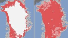 Groenlandia, el 8 de julio (a la izquierda) y cuatro d�as despu�s (a la derecha)
