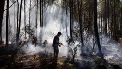 Un vecino de Claouey, ayudando este martes en la extinci�n del fuego.