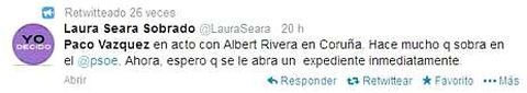 <span lang= es-es >Reprobacin de Laura Seara</span>. La diputada y exdirectora del Instituto de la Mujer cuestion en su da a Vzquez como defensor del pueblo y ayer pidi desde Twitter al PSOE que lo expediente.