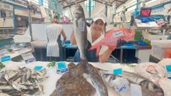 Pilar G�mez, en su puesto de Pescados Pili�a, en la plaza de Portonovo este jueves