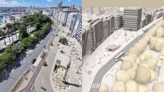 A la izquierda, vista actual de los Cantones en la que se aprecia la reforma provisional. A la derecha, primera recreaci�n del proyecto de remodelaci�n que present� por el Ayuntamiento en el a�o 2020.