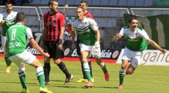 Joselu, Dani, Nano y Churre celebran el 1-0 que marc el media punta corus en A Malata ante el Reus, un tanto que puede ser decisivo para la clasificacin. 