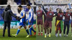 En la imagen de la izquierda, Seedorf, como entrenador del Deportivo, saluda a Andone y Adri�n L�pez tras una derrota en la temporada 2017-2018. A la derecha, No�, Noubi, Bil y Pati�o festejan el ascenso a Primera Divisi�n del pasado domingo en Valladolid