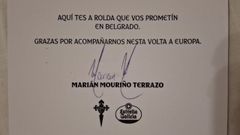 El mensaje de Mari�n Mouri�o que acompa�a al regalo enviado a los celtistas que acudieron a Belgrado.