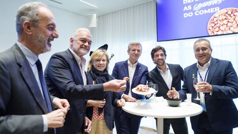 Los eurodiputados Francisco Mill&aacute;n Mon, Esteban Gonz&aacute;lez Pons, Pilar del Castillo Vera,  Adri&aacute;n V&aacute;zquez y el chipriota Michalis Hadjipantela, junto a Alfonso Rueda, durante el acto.