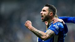 Borja Bastn celebra su gol ante la UD Almera en el Carlos Tartiere