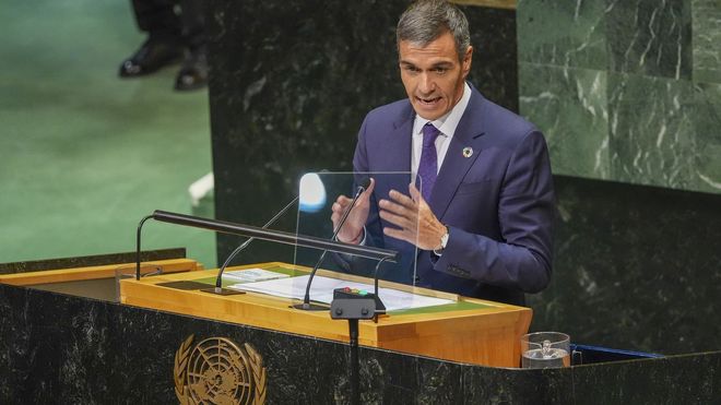 El presidente del Goberno de Espa&ntilde;a, Pedro S&aacute;nchez, ante la Asamblea General de Naciones Unidas, este mi&eacute;rcoles