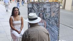 La autora del texto, posando para Celso Varela en las calles de Pontevedra