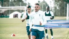 Iago Aspas en un entrenamiento antes del partido contra el Wolverhampton