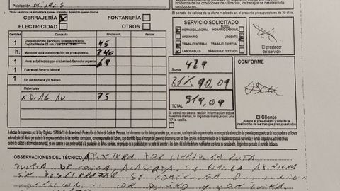 Detalle de una factura por apertura de puerta de urgencia cobrada a un cliente en Mieres