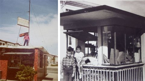 A la izquierda Suso del Rueiro sobre el primer quiosco de su familia en la plaza de Canido, y a la derecha su padre en el mismo quiosco