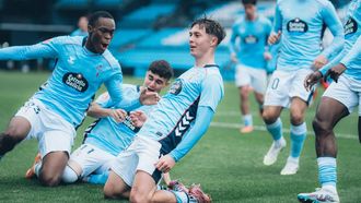 Óscar Marcos, celebrando uno de los goles del Celta Fortuna en el triunfo sobre la Ponferradina de la pasada jornada.