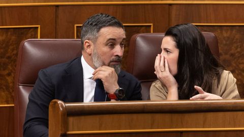 El presidente de Vox, Santiago Abascal, durante un pleno en el Congreso de los Diputados, el pasado 12 de febrero