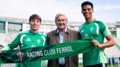 Ra�l Blanco, Manuel Ansede y Etienne Eto?o en la presentaci�n de ambos jugadores, este jueves, en A Malata.
