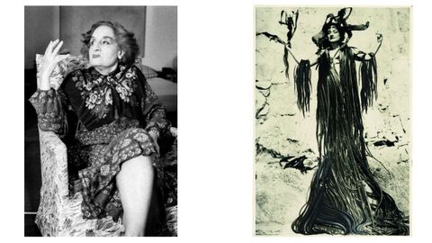 Maruja Mallo, en una fotografía tomada por Jaime Gorospe, en 1984 (izquierda), y en su «Autorretrato con manto de algas», de 1945.