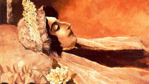 �Rosal�a de Castro yacente�, de Ovidio Murgu�a. Este �leo pintado polo fillo da poeta en 1885, a partir do debuxo que fixo o d�a da s�a morte, cons�rvase no Museo de Pontevedra.