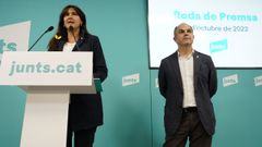 La lder de JxCat, Laura Borrs, y el secretario general del partido, Jordi Turull, esta tarde en rueda de prensa tras la votacin de los militantes del partido.