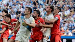 Jos� Gragera y Dani Barcia, en el partido contra el Burgos de finales de agosto en Abanca Riazor