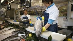 Parte de los primeros bonitos del norte subastados en Galicia los vend�a este mi�rcoles en la plaza de Viveiro la pescader�a Chavinesa