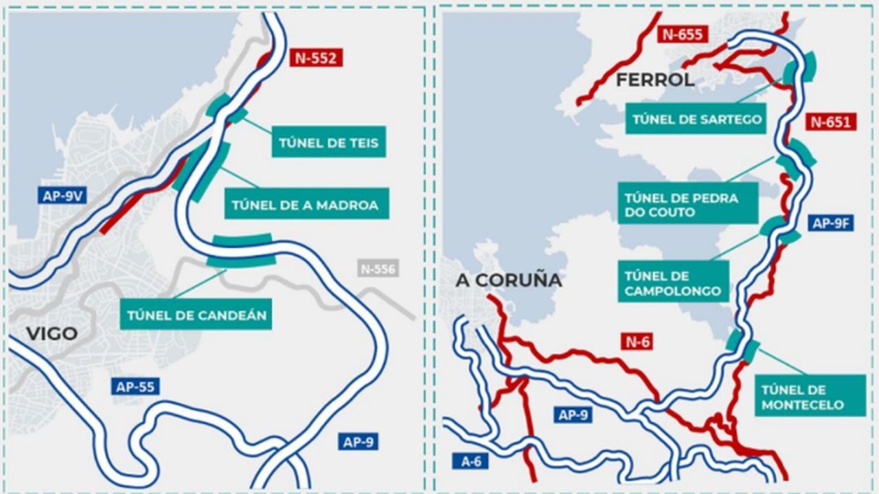 Obras en el túnel de la AP-9 en Cabanas, Pedra do Couto, desde mañana