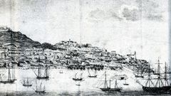 Grabado de Vgo que muestra el aspecto de la ciudad a mediados del siglo XIX