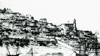 Grabado de la villa de Vigo cuando estaba amurallada