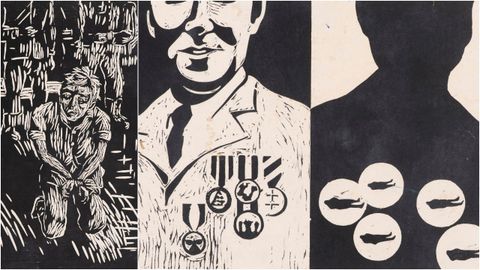 Detalle dun gravado de Xavier Pousa presente na exposición de Tui de 1968. Á dereita, detalle da obra do artista lugués Xosé Ignacio Pedrosa que foi sinalada pola xustiza militar por «injurias al Movimiento Nacional»; inicialmente sen título, a peza foi coñecida despois como «Cos mortos no peito».