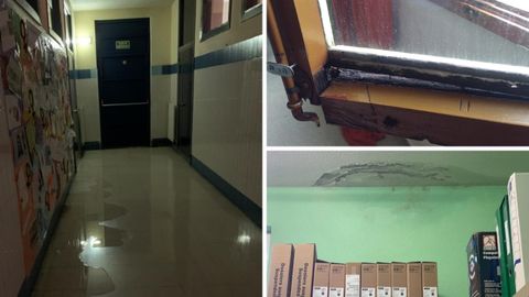 El pasillo, ayer, en parte inundado; estado de una de las ventanas de madera del colegio y, en la �ltima imagen, humedades en un techo
