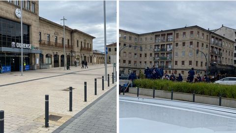 A la izquierda, la explanada vacía, y a la derecha, el equipo de hockey, comiendo en la fuente.