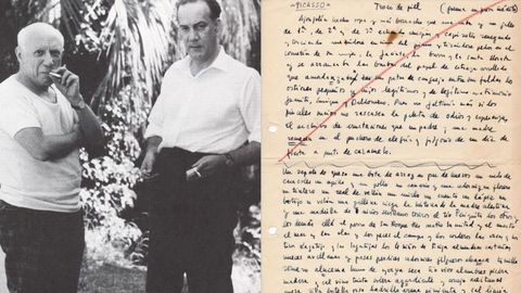 Retrato de Picasso y Cela en 1958; a la derecha, transcripci�n por el escritor de un poema en prosa, �Trozo de piel�, del pintor