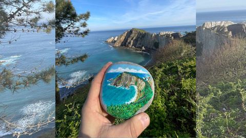 La playa del Silencio, en Cudillero, pintada por Santi Villa en una piedra