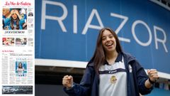 Izquierda, arriba: Portada de La Voz del 2 de junio del 2013, tras el descenso. Izquierda, abajo: �ltima p�gina de La Voz del�2 de junio del 2013. Derecha: Nahir Castro posa en Abanca Riazor despu�s del regreso del Deportivo a Primera Divisi�n.