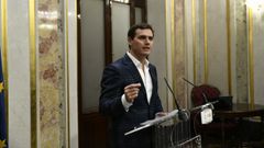 El presidente de Ciudadanos, Albert Rivera, en la rueda de prensa de hoy