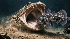 Reconstrucci�n de Gerrothorax maritimus cazando un celacanto en el fondo marino (ilustraci�n realizada con apoyo parcial de IA).
