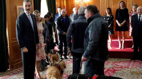 Los Reyes saludan a la Unidad Canina de Rescate del Principado de Asturias, durante su audiencia a los galardonados con las Medallas de Asturias 2017, con motivo de la ceremonia de entrega esta tarde de los Premios Princesa de Asturias 2017. 