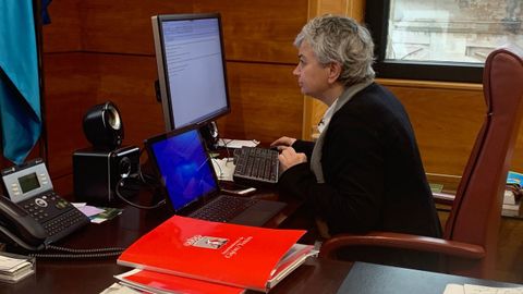 La alcaldesa de Gij�n, Ana Gonz�lez, esta ma�ana, ante su ordenador en la casa consistorial