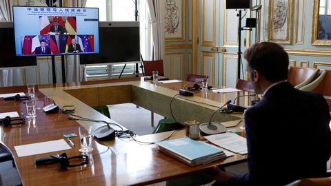 Macron, durante la cumbre virtual con Xi Jimping y Olaf Scholz.