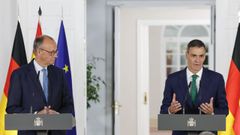 El canciller de Alemania, Friedrich Merz, y el presidente del Gobierno, Pedro Snchez, en una rueda de prensa tras su encuentro en la Moncloa. 