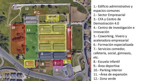 Los nuevos usos del complejo industrial de Pedralonga. El rea central de la parcela acoger el parque empresarial, de acceso restringido. Al oeste, un parque abierto a los vecinos. Al sur, escuela infantil, zona deportiva, comedor y espacios compartidos.