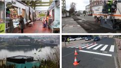 De izda. a dcha., el mercado de Recimil, aglomerado en Catabois, estaci�n de bombeo en A Cabana y pintado vial en Caranza, en im�genes de archivo.
